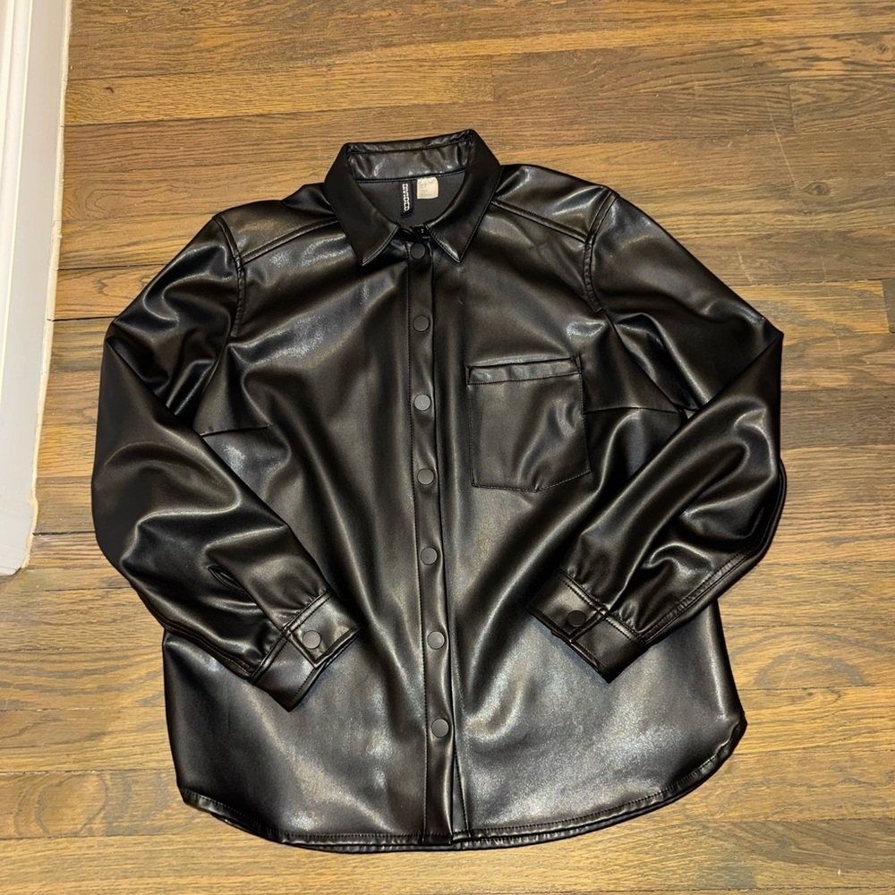 H&M Black Faux Leather Snap-Front Shirt Jacket